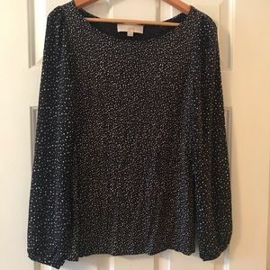LOFT navy long sleeve white dot blouse